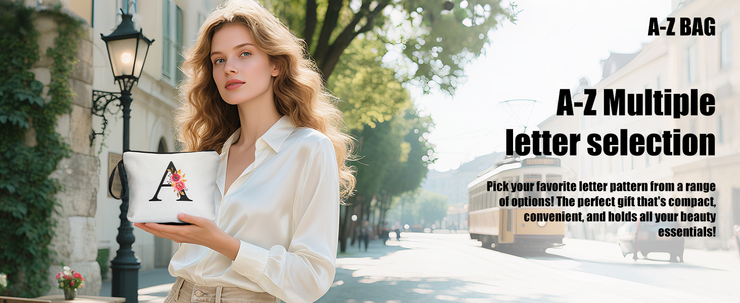 Text reads 'A-Z BAG' and 'A-Z Multiple letter selection'. Outdoor lifestyle photos of bags, including a natural tote bag.