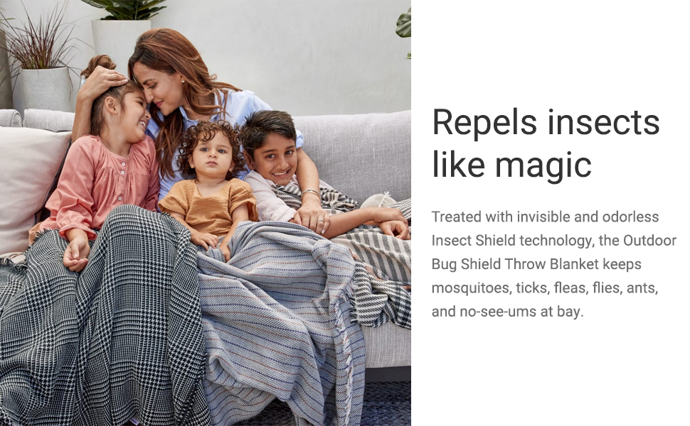 Treated with invisible and odorless Insect Shield, the Bug Shield Throw Blanket keeps bugs at bay.