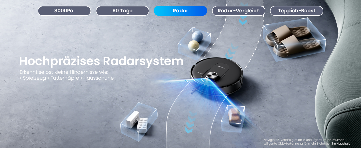 Der Text lautet: „Hochpräzises Radarsystem.“ Technisches Diagramm mit Komponenten des Radarsystems mit blauem Lichteffekt und metallischem Hintergrund.
