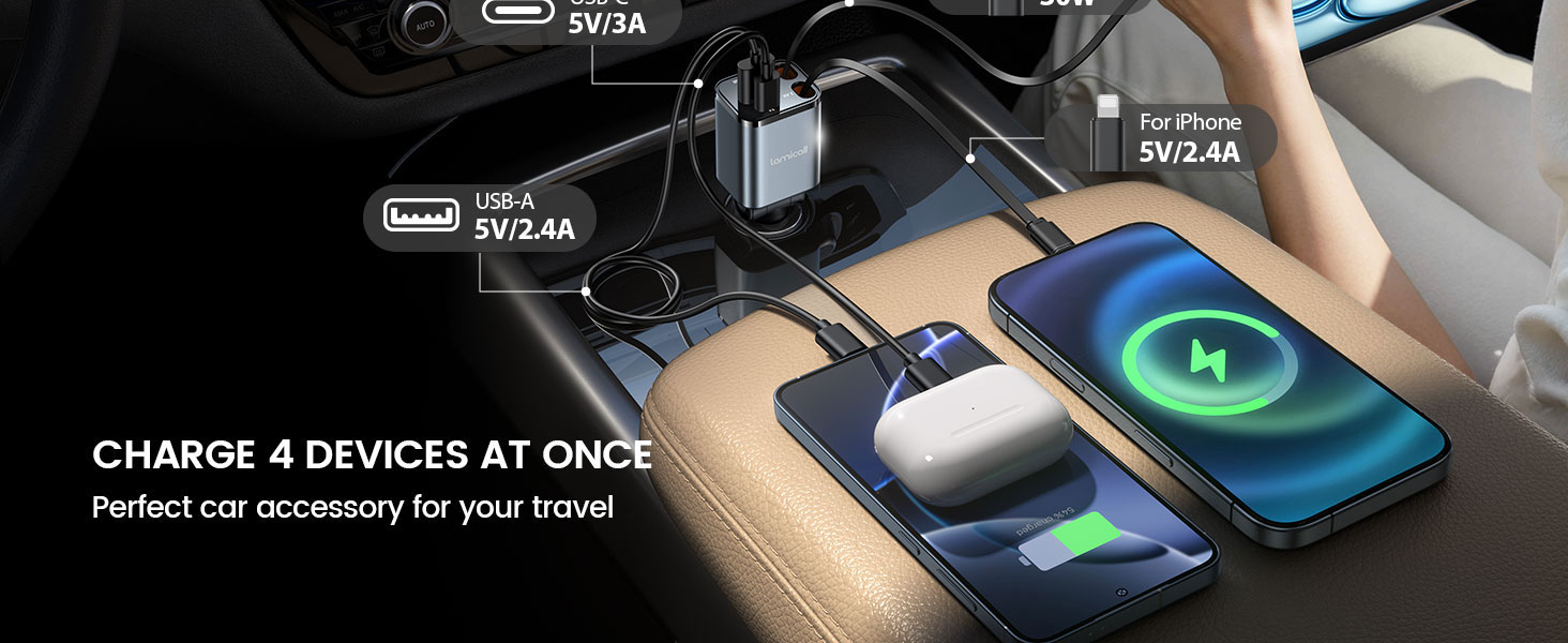 Car interior wireless charging pad display showing capability to charge four devices simultaneously with blue illuminated charging indicators.