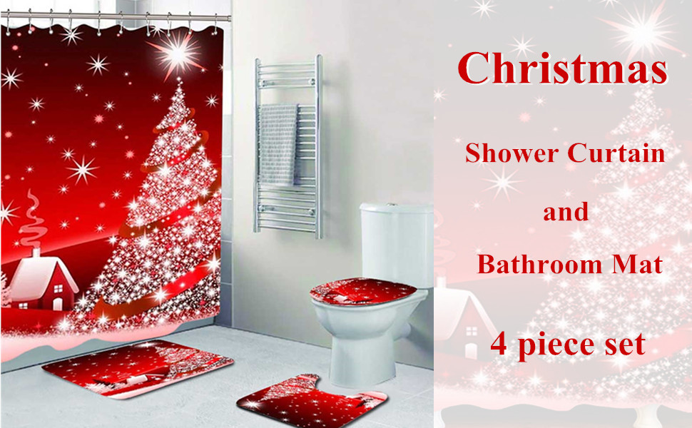 4 PCS Christmas Shower Curtain Sets with Rugs, 72x72