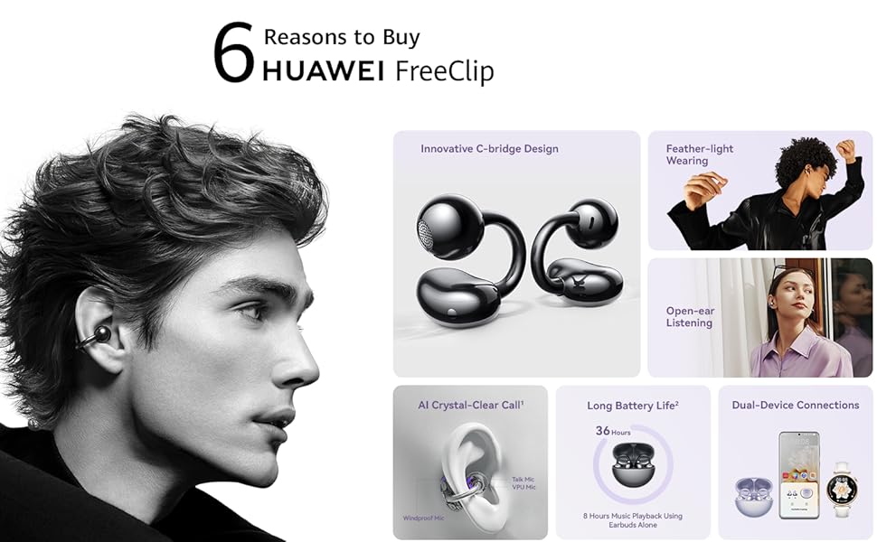 HUAWEI FreeClip ブラック 2024 New HUAWEI FreeClip Wireless Headphone Open Wireless