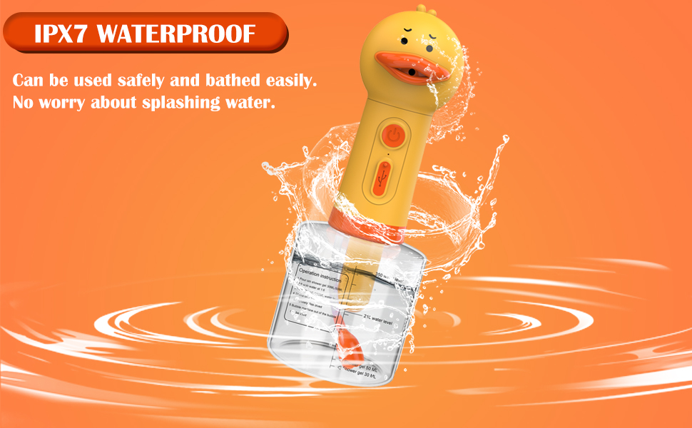 IPX7 waterproof device, resembling a yellow duck, splashing into water. Orange background with text emphasizing safe use and water resistance.