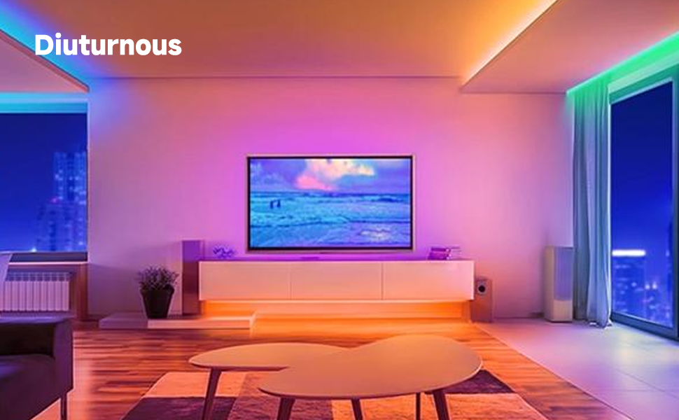 Modern living room with vibrant LED lighting, featuring a wall-mounted TV, white furniture, and large windows overlooking a cityscape.