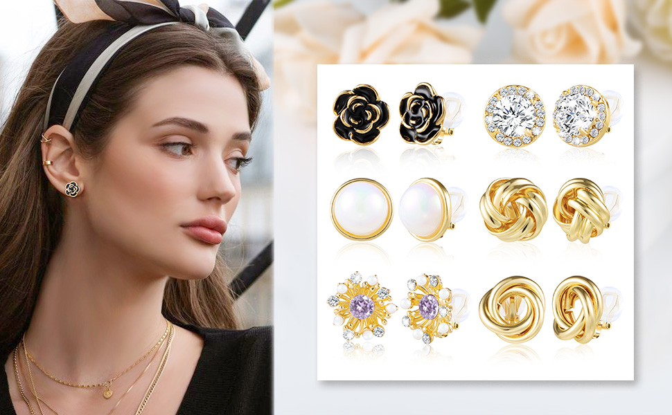 6 Pair Clip On Earrings for Women Twisted Rose Cubic Zirconia Non Pierced Earrings
