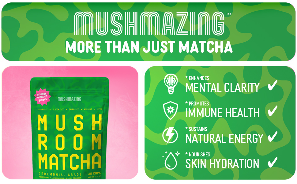 Mushmazing Mushroom Matcha ceremonial grade, no sugar, support focus and wellness