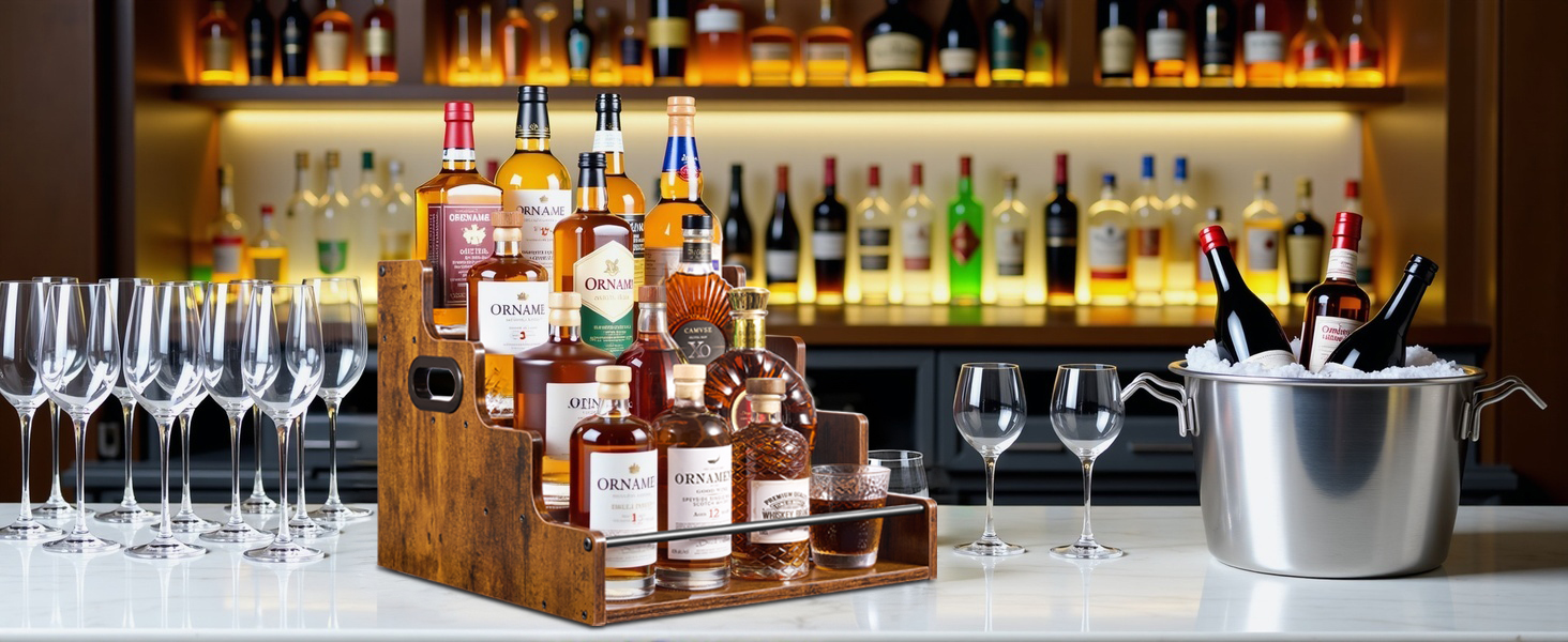 The wine rack is filled with wine and placed on the bar counter