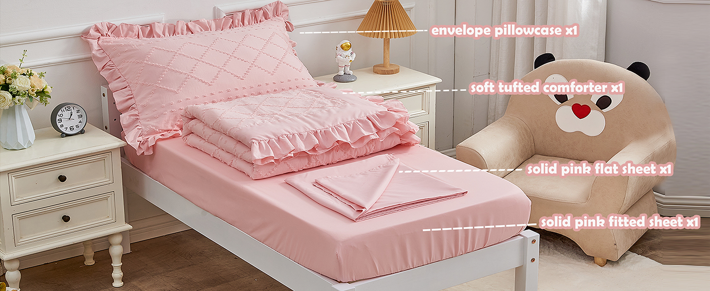 4 Piece Boho Tufted Toddler Bedding Set for Girls Pink
