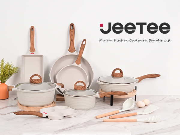 JEETEE Pots and Pans Set Nonstick White Granite Induction