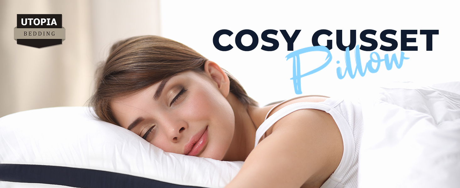 Person sleeping on pillow labeled 'Cosy Gusset Pillow'. Text mentions 'Utopia Bedding' brand.
