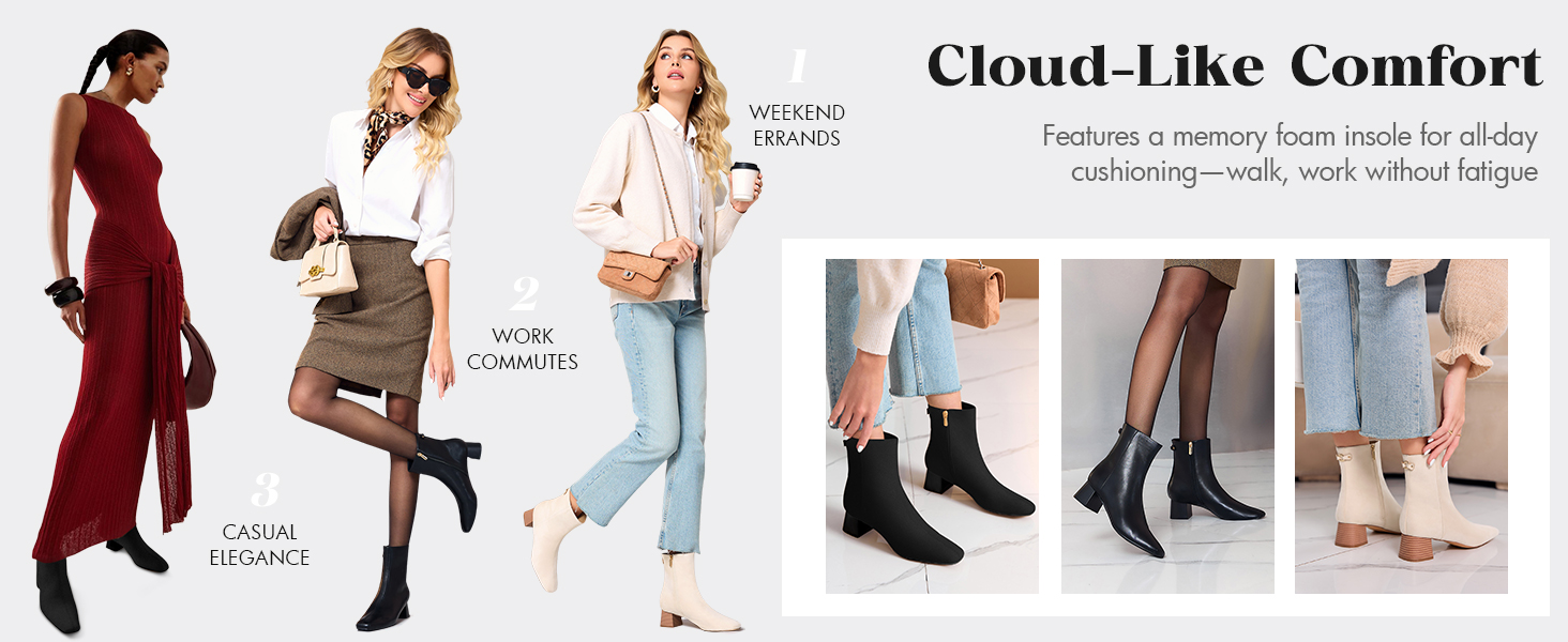 Coutgo Womens Ankle Boots Chunky Low Heels Square Toe Booties Side Zipper Winter Dress Boot Shoes