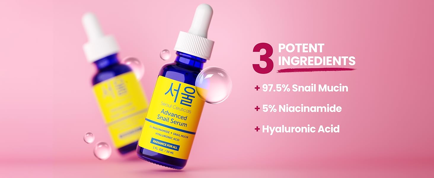 Seoul Ceuticals Advanced Snail Mucin Serum with text highlighting 3 key ingredients