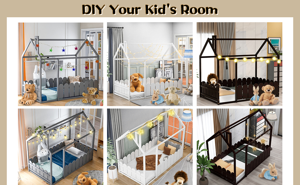 Voohek Twin Size Toddler Floor Bed, Wood House Bed