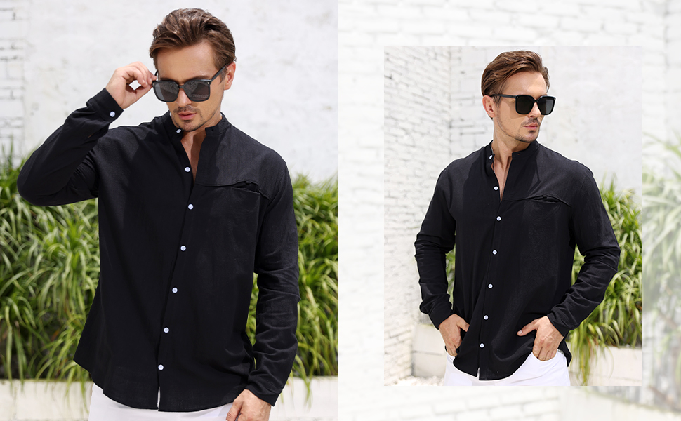 AUMELR Mens Shirts Long Sleeve Linen Collarless Button Down Henley Shirts Amazon.co.uk Fashion