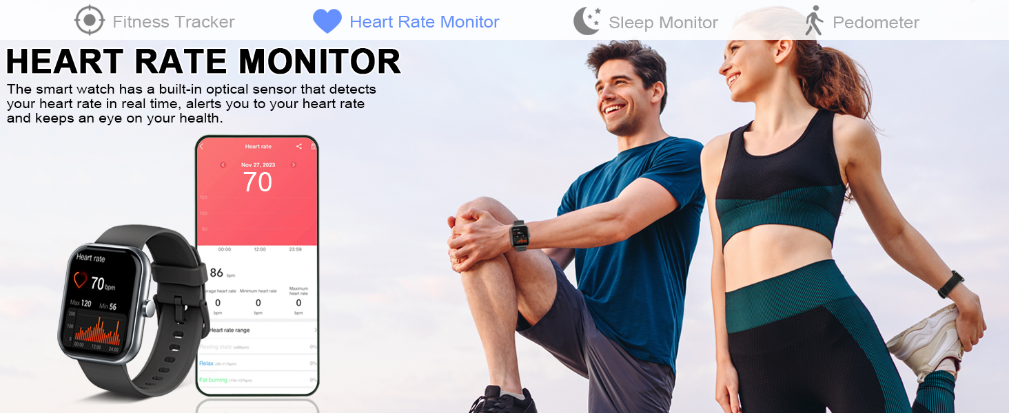 Text reads 'HEART RATE MONITOR'. Product advertisement showing smartwatch with heart rate display of 70, alongside smartphone app interface. Athletic couple shown resting after exercise.