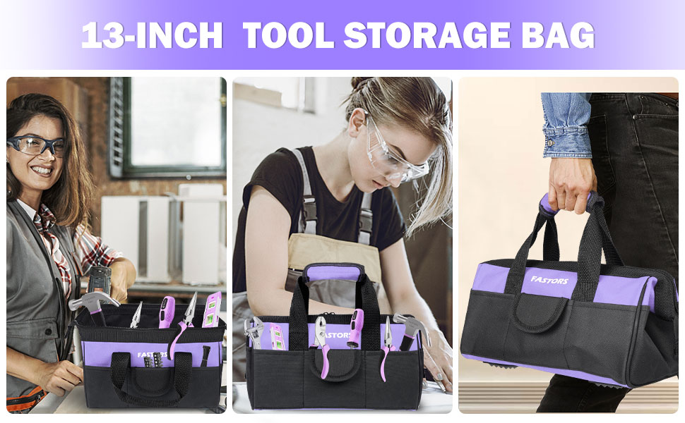 FASTORS Purple Tool Bag for Women With 13Inch Wide Mouth,Tool Bag With
