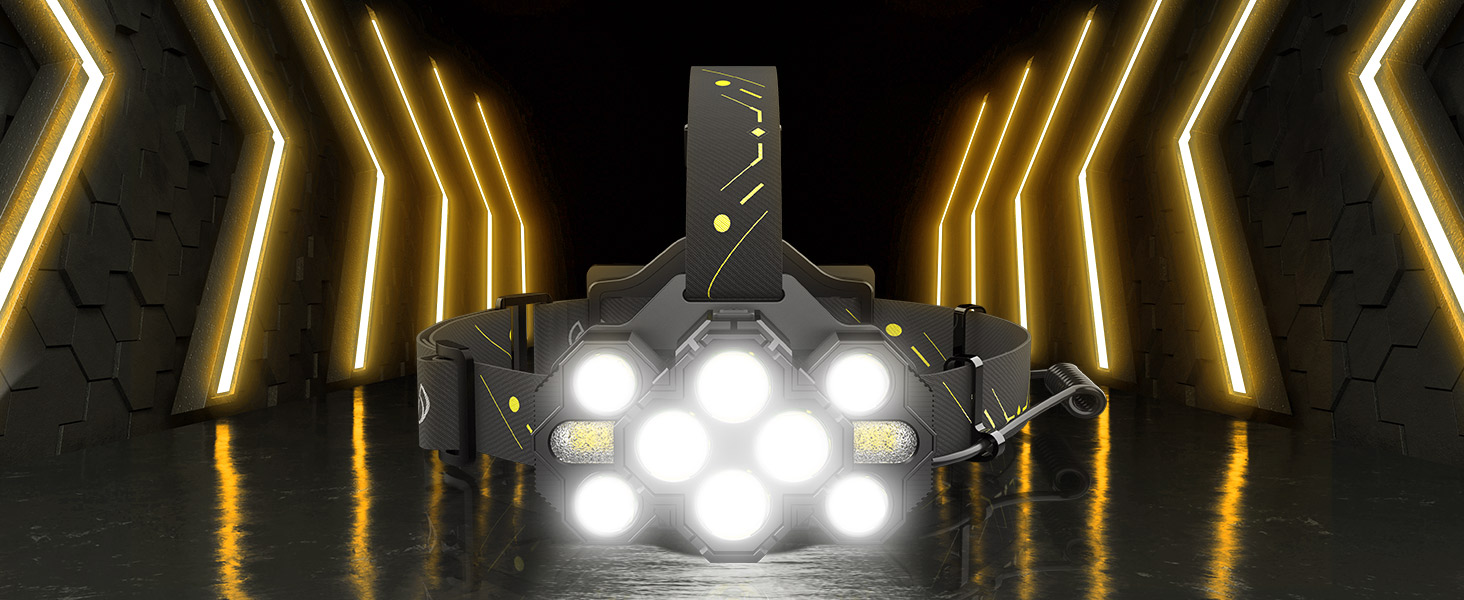 Bright LED headlamp with multiple light pods arranged in circular pattern, shown against dark background with dramatic yellow lighting effects.