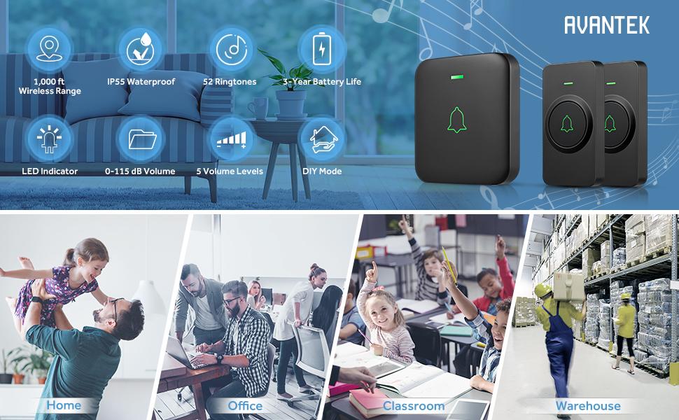 Wireless Doorbells, AVANTEK 1000 Feet Doorbell, Mini IP55 Waterproof