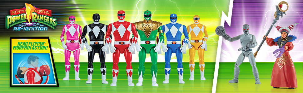 Text reads 'Power Rangers'. Promotional banner showing animated characters against a bright green background with multiple figures in formation.