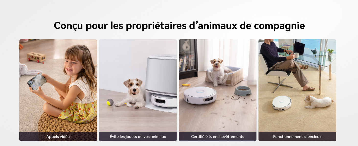 Le texte se lit comme suit : « Conçu pour les propriétaires d'animaux de compagnie ». Bannière montrant plusieurs images d'animaux de compagnie et de leurs propriétaires dans un environnement domestique avec des produits de soins pour animaux de compagnie.