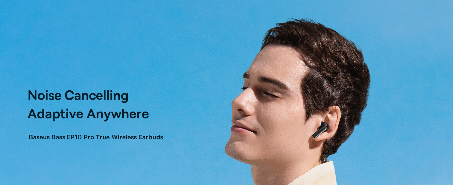 Text reads 'Noise Cancelling Adaptive Anywhere'. Profile view against blue background.