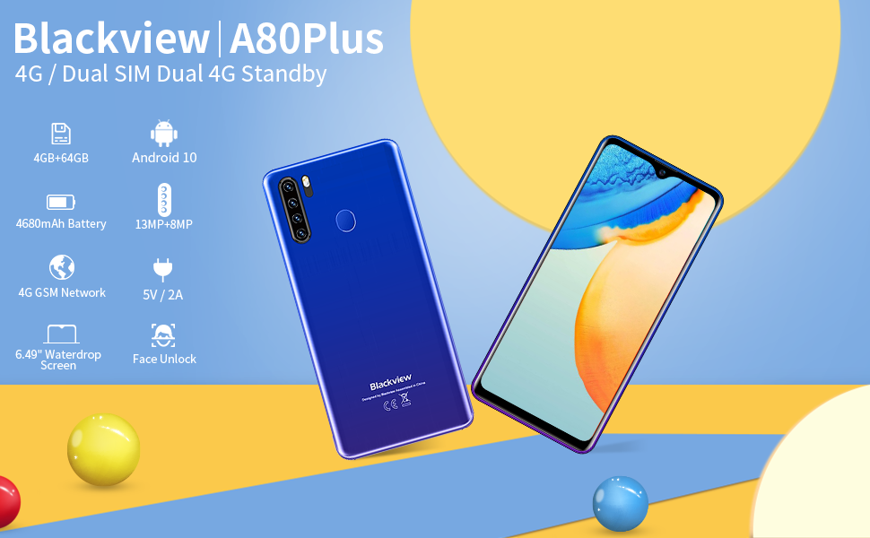 Unlocked Android Smartphones Canada, Blackview A80 Plus, 4GB+64GB/SD 128GB Expand Android Phone