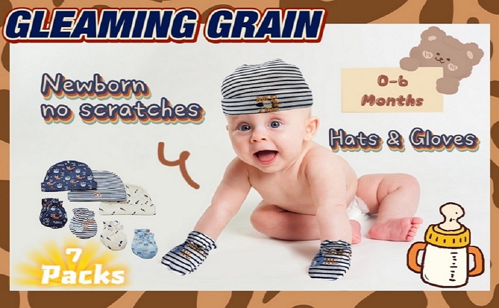 Baby Mittens and Caps Set Infant gloves and no scratch mittens Newborn Gift 7 Piece