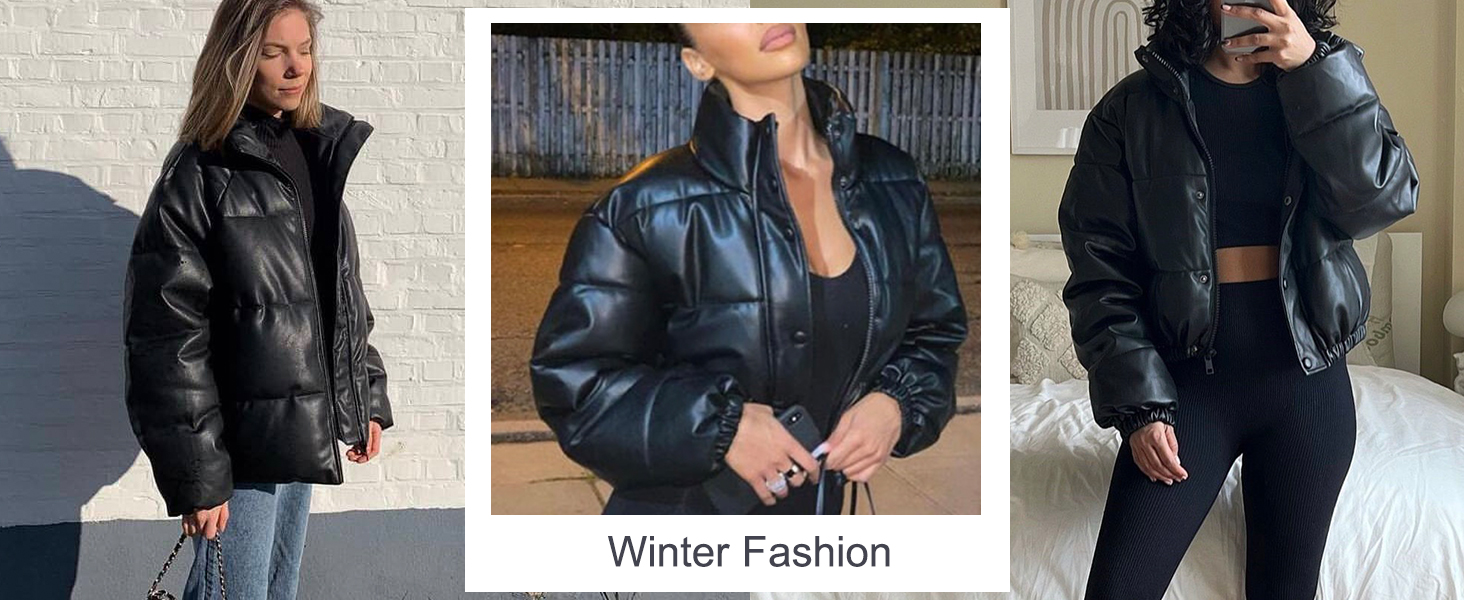 Women's Faux Leather Puffer Jacket 