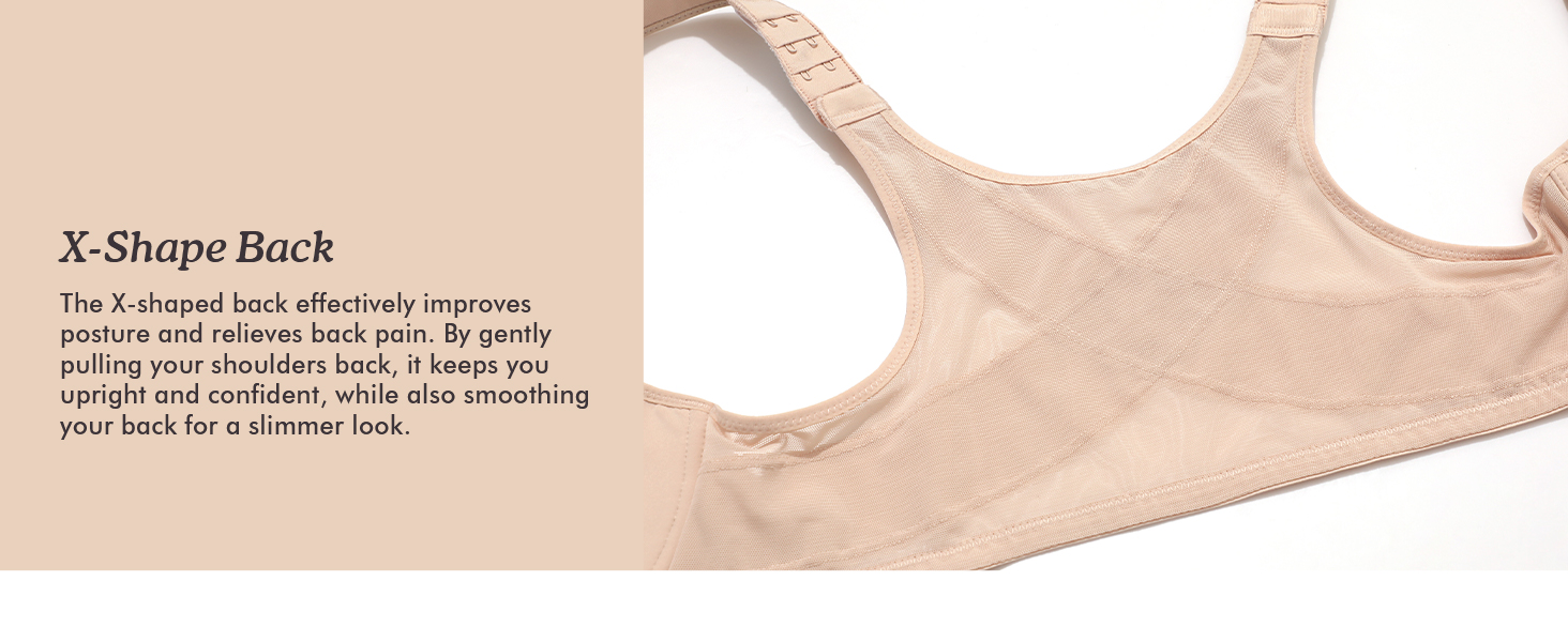 Il testo dice 'Schienale a forma di X'. Foto del prodotto da vicino di un dettaglio di abbigliamento beige di supporto con design strutturale.