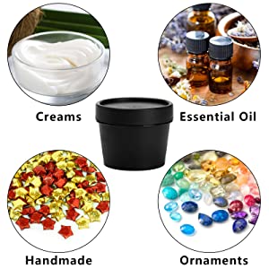 Collage of four circular images labeled: Creams, Essential Oil, Handmade, and Ornaments. Shows various beauty and craft products.