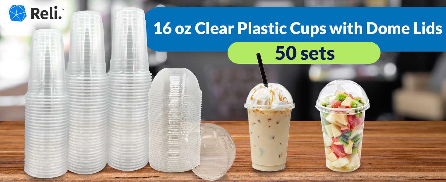 Reli. Plastic Cups with Lids 16 oz 50 Sets Clear