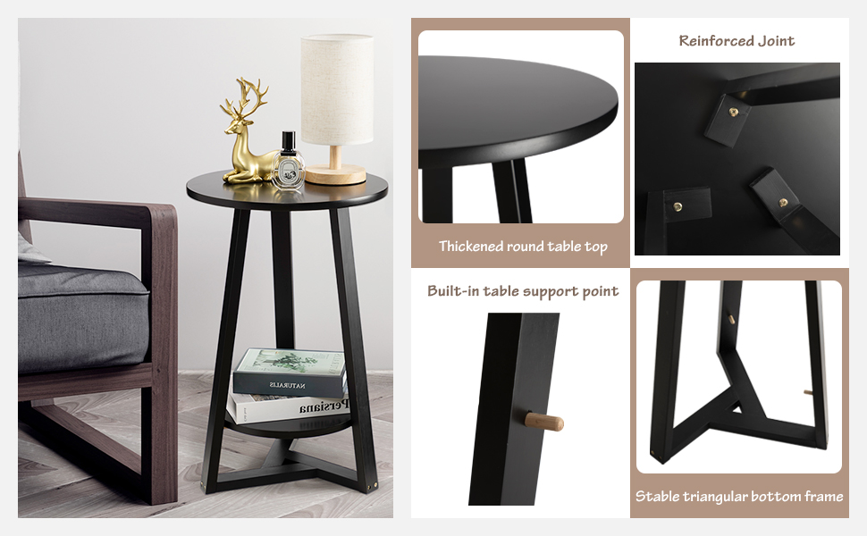 TINSAWOOD Black Side Table, TwoTier Round End Table