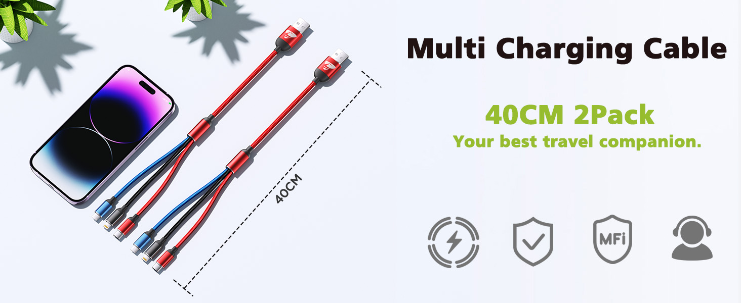 Short Multi Charging Cable, [0.4M 2Pack] Multi USB Cable 3 in 1
