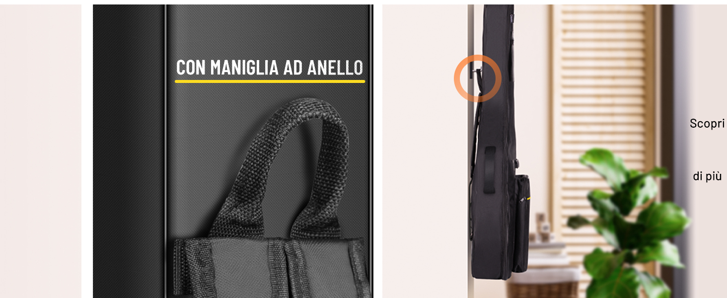 Primo piano di una borsa o custodia nera con manico e scritta 'CON MANIGLIA AD ANELLO' visibile. Vista parziale dell'interno di una stanza sullo sfondo