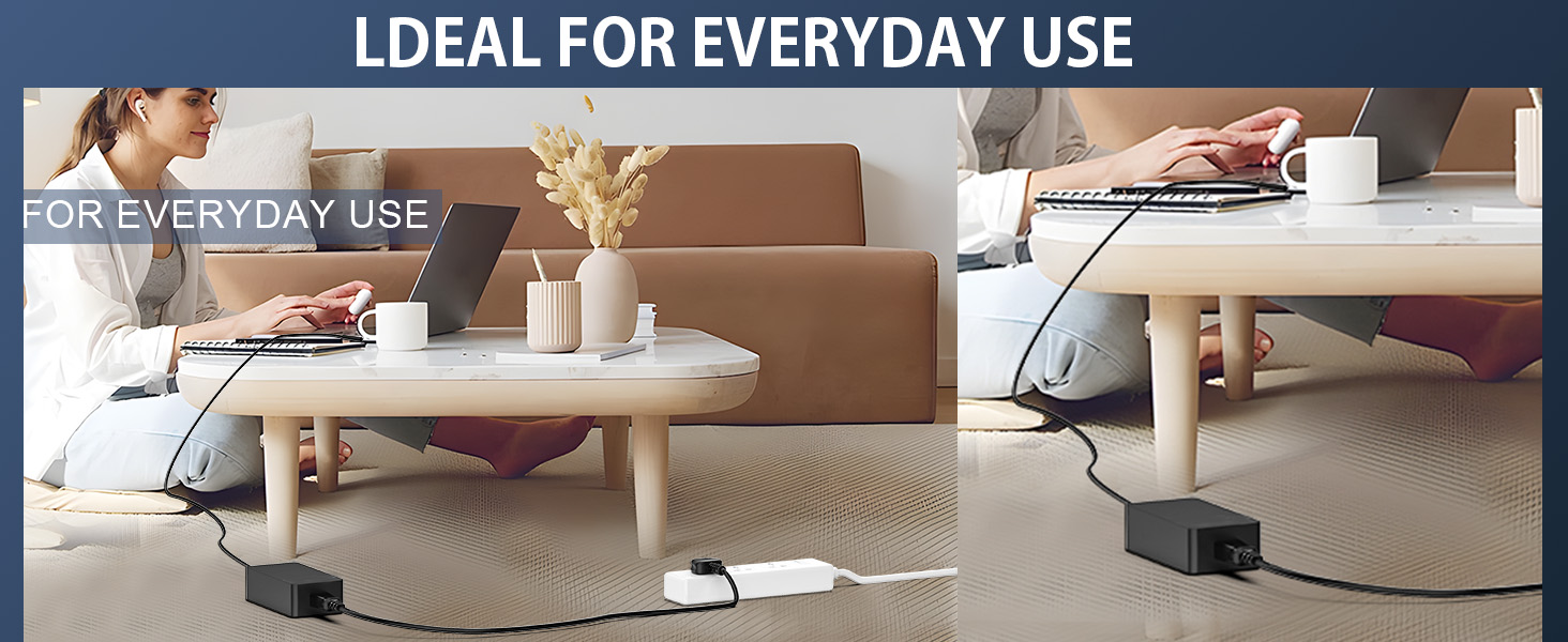 Power strip with long cord placed under desk. Multiple outlets visible, used to connect devices in workspace setting. Text indicates it's ideal for everyday use.