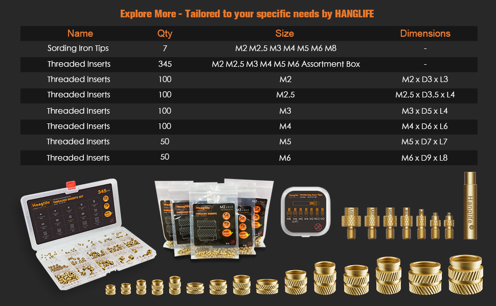 HANGLIFE HeatSet Insert Tips for Threaded Inserts M2 M2.5 M3 M4 M5 M6