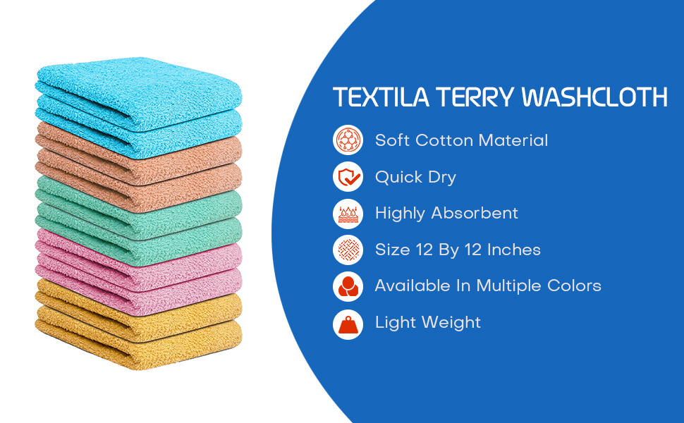 Terry Washcloths, Multicolor, 12x12 Inches, Soft, Absorbent, Bath, Face, Hand, Kitchen, Spa, Gym.