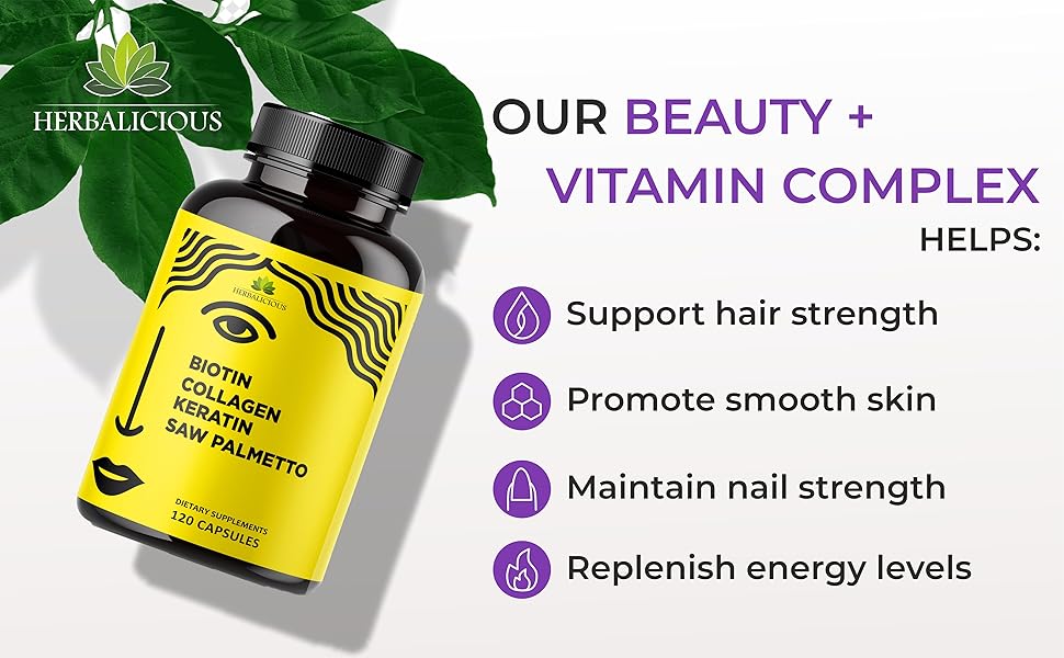 Amazon.com: HERBALICIOUS Biotin Vitamins with Collagen, Keratin & Saw - Dietary Hyaluronic Acid And Saw Palmetto