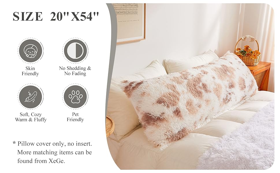 XeGe Long Fluffy Body Pillow Cover, Cow Print Faux Fur Bolster Pillow