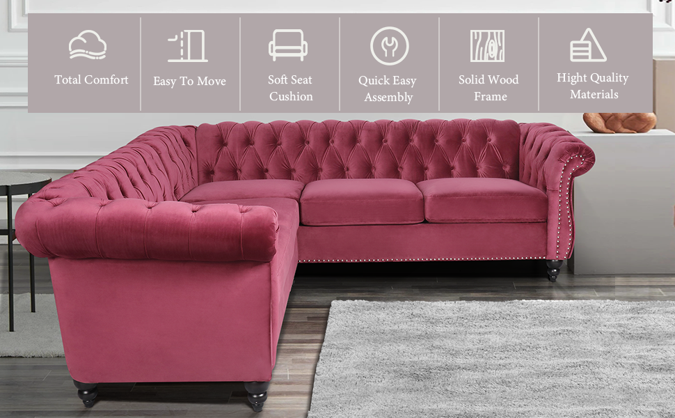 L Shaped Small Sectional Sofa, Chesterfield Velvet Couch Tufted Accent Sofa with