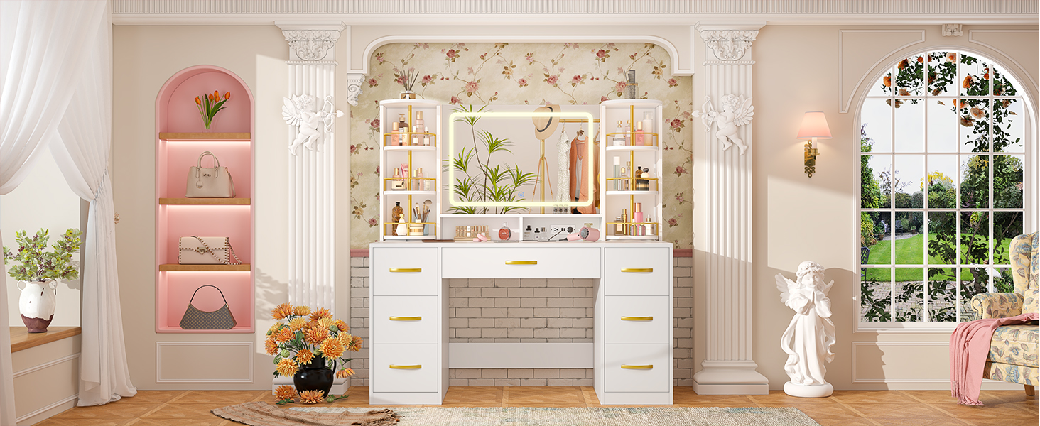white large vanity desk with mirror and lights makeup vanity with 360 Rotating Makeup Organizer 