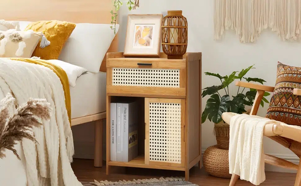 bimiti Bedside Tables with Drawer Bamboo Nightstand Furniture