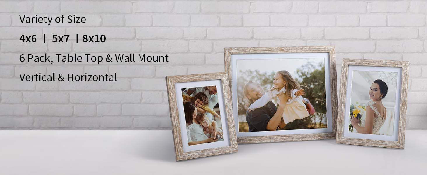 8x10 Picture Frame with Mat for Wall and Tabletop Decoration, Set of 6
