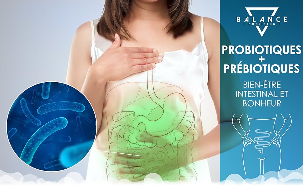 Publicité sur les suppléments probiotiques et prébiotiques. Femme tenant le ventre, superposition du schéma intestinal. Le texte met l'accent sur la santé intestinale et le bien-être en français.