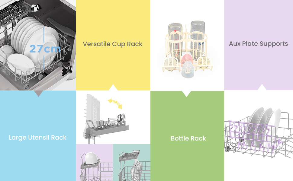 Masina de spalat vase COMFEE Mini Plus TD305-W, 3 seturi, 7 program, Touch Control, LED Display, Delay Start, Alb, Clasa F 2 rafturi flexibile