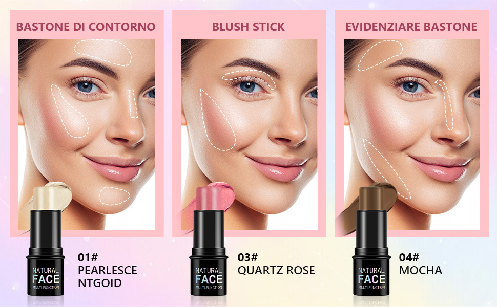 Makeup application guide showing three stick products for contouring, blush, and highlighting. Dotted lines on model's face demonstrate application areas for each product.