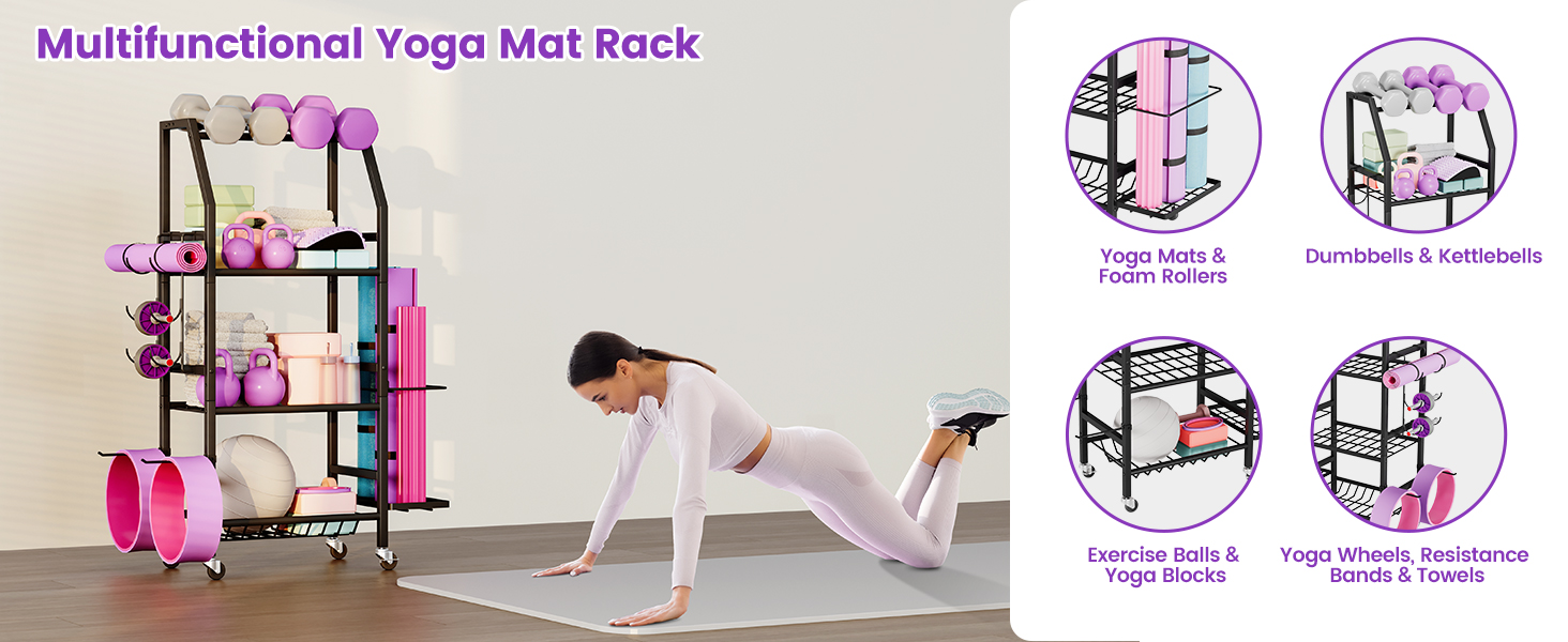 Homeiju Dumbbell Rack, Weight Rack for Home Gym, Yoga Mat Storage Holder with Lockable Wheels, Dumbbell Stand with Hooks, All in One Work out Equipment Storage for Yoga Mat Dumbbell and Balls 11 Dumbbell Rack, 4 Tier Weight Rack for Home Gym, Yoga Mat Storage Holder with Lockable Wheels