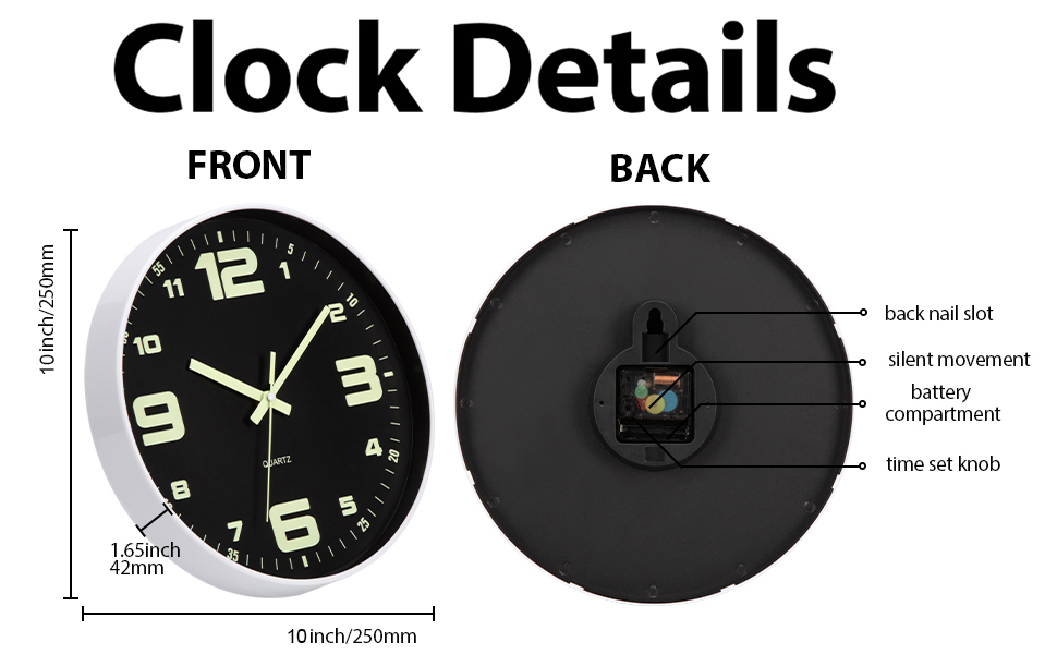 kinatime Wall Clocks Battery Operated,10 Inch Glow in The
