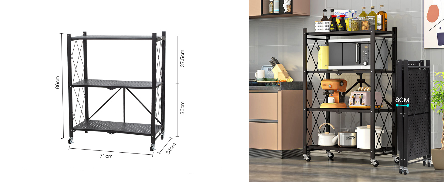 Muichi Folding Shelf 4Tier, Foldable Shelves with Wheels