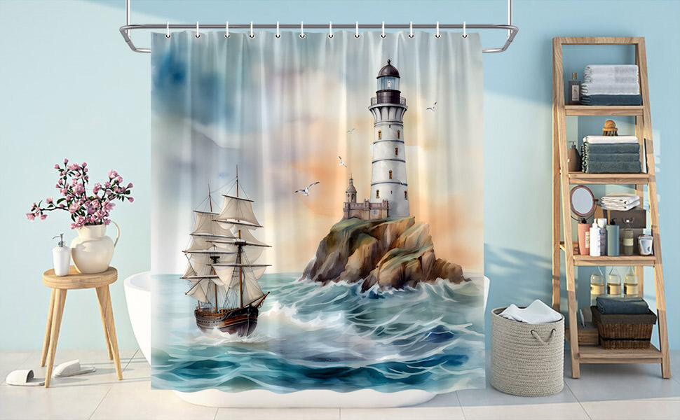 WUASDCS Nautical Lighthouse Shower Curtain Vintage Sunset Ocean Pirate Ship Sea Wave